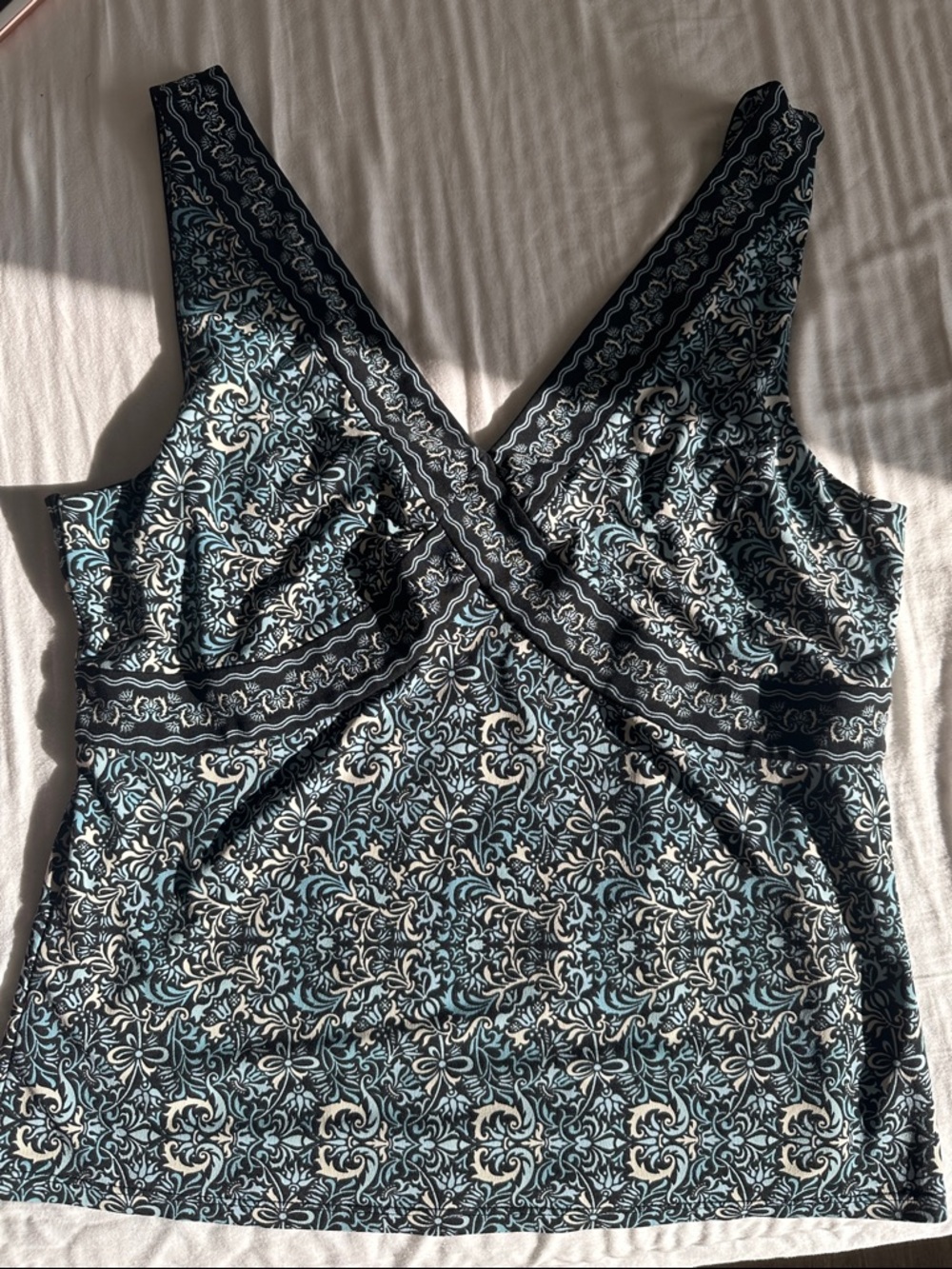 Vintage Tahari Teal, Black and Cream V-Neck Tank Top